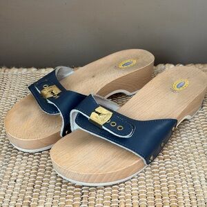 Dr. Scholl’s The Original Exercise Vintage Navy Leather Wooden Sandals Size 9